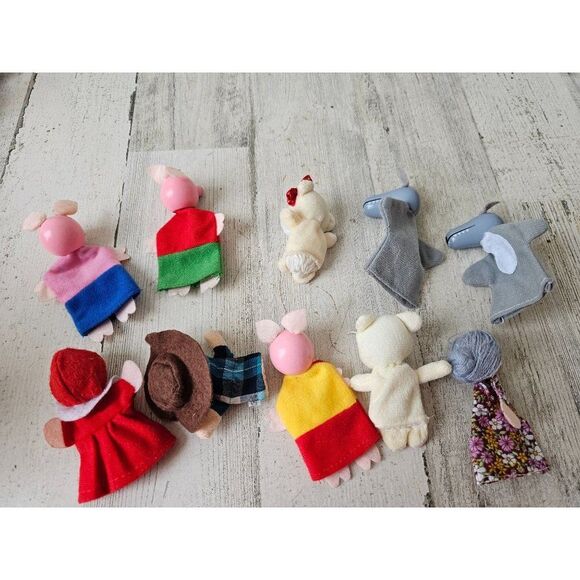 Wooden finger puppet Red Riding Hood bears grandma wolf mini vintage - Picture 7 of 7